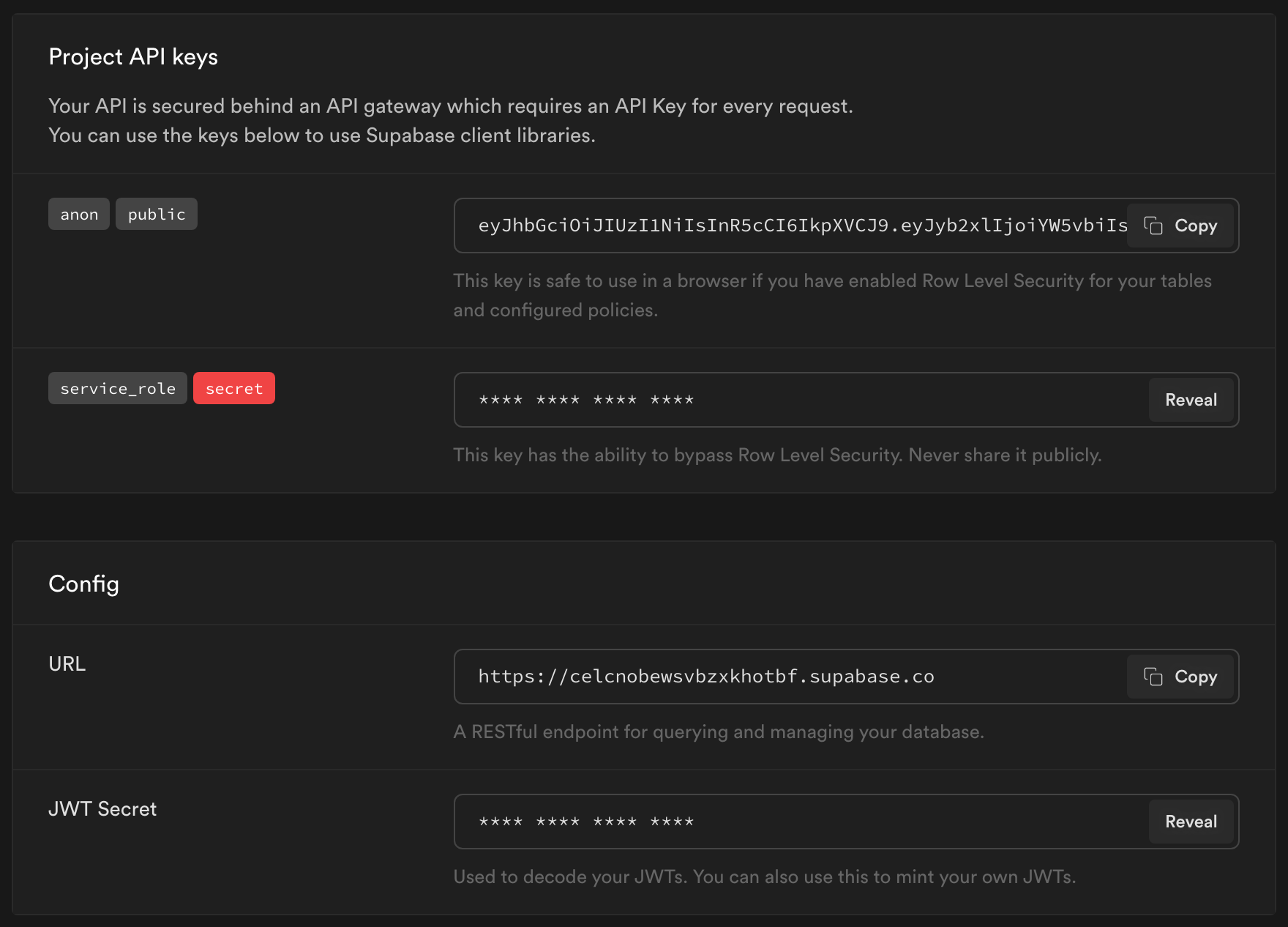 API Settings in Supabase Dashboard